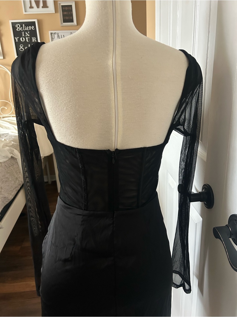 Sleek Black Mesh Sleeve Corset Mini Dress - Picture 2 of 5